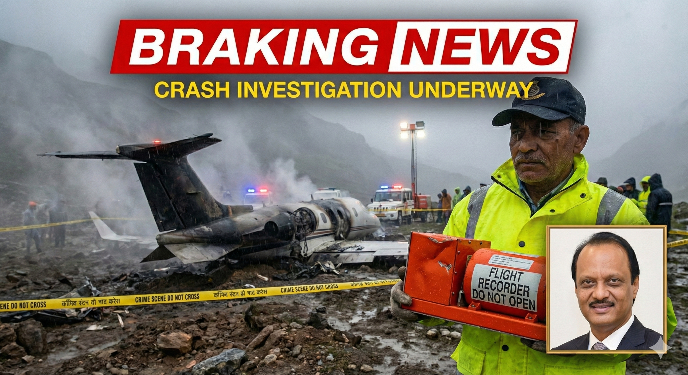 अजित पवार विमान हादसा स्थल पर ब्लैक बॉक्स के साथ जांच अधिकारी और पीछे विमान का मलबा