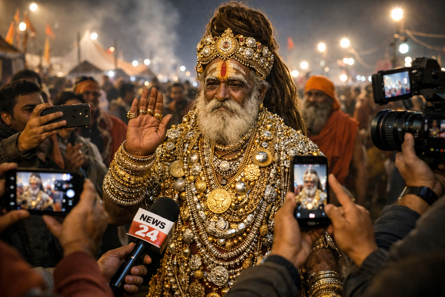 Google Golden Baba wearing gold and silver at Magh Mela 2026