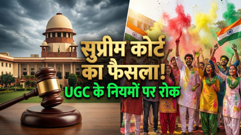 Supreme Court of India building and students celebrating victory after UGC rules stay