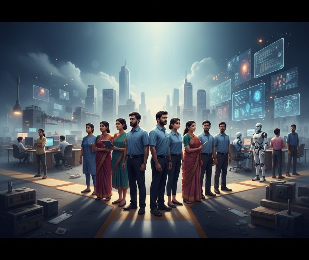 भारत में AI और बेरोज़गारी का असर, 2026 में नौकरियों पर आर्टिफिशियल इंटेलिजेंस के बढ़ते प्रभाव को दर्शाती तस्वीर