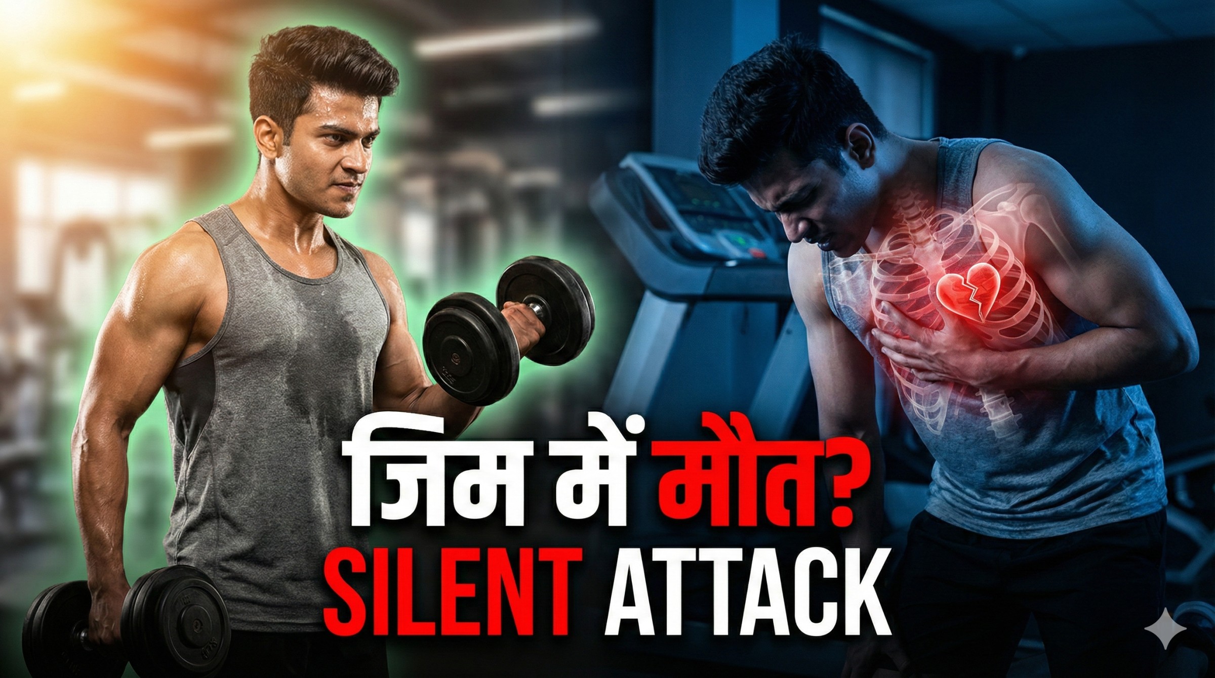 Fit man in gym vs heart attack collapse comparison