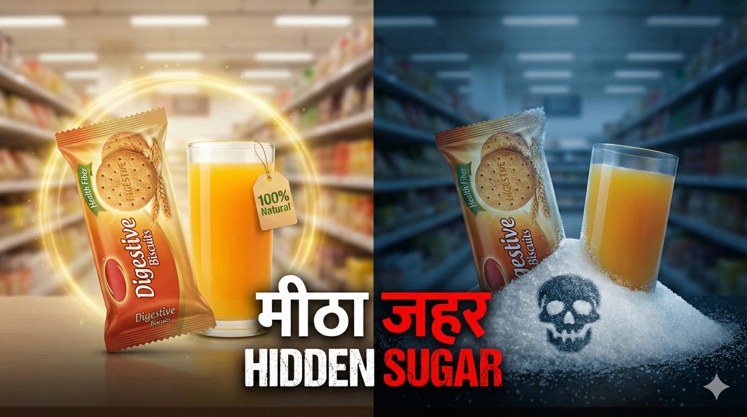 Healthy labeled food turning into pile of sugar concept