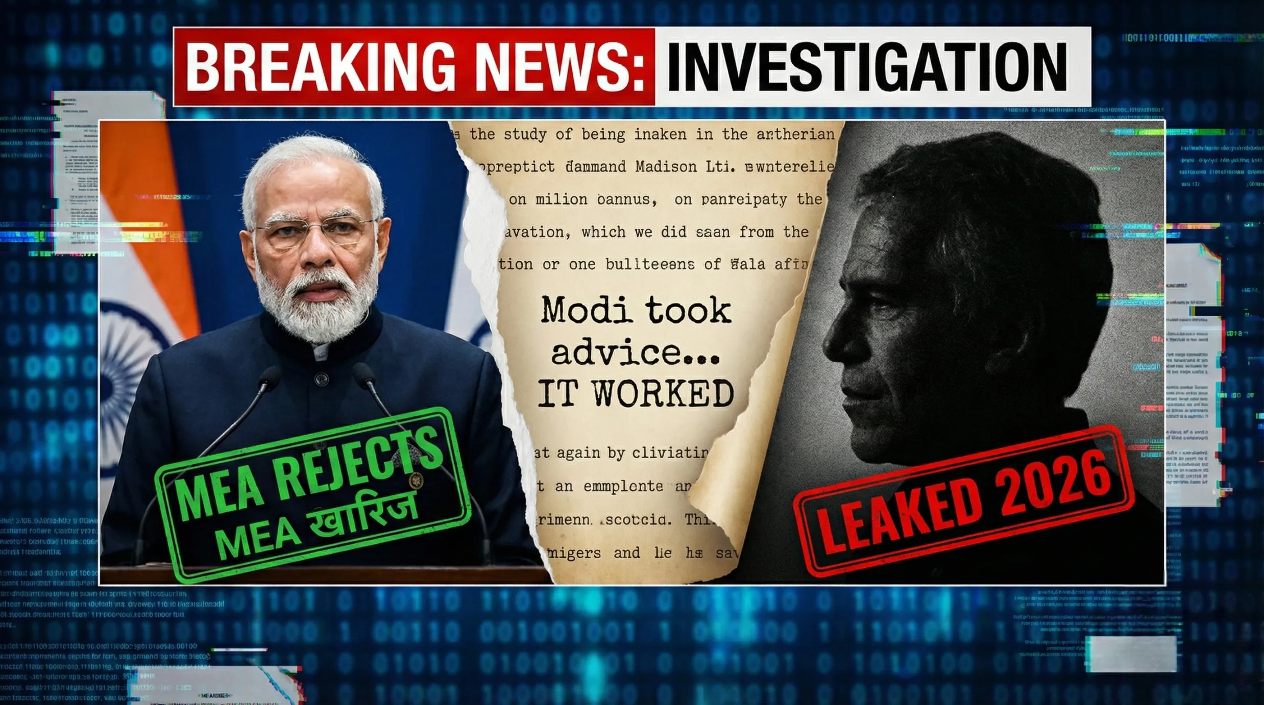 PM Modi and Jeffrey Epstein split screen with leaked email
