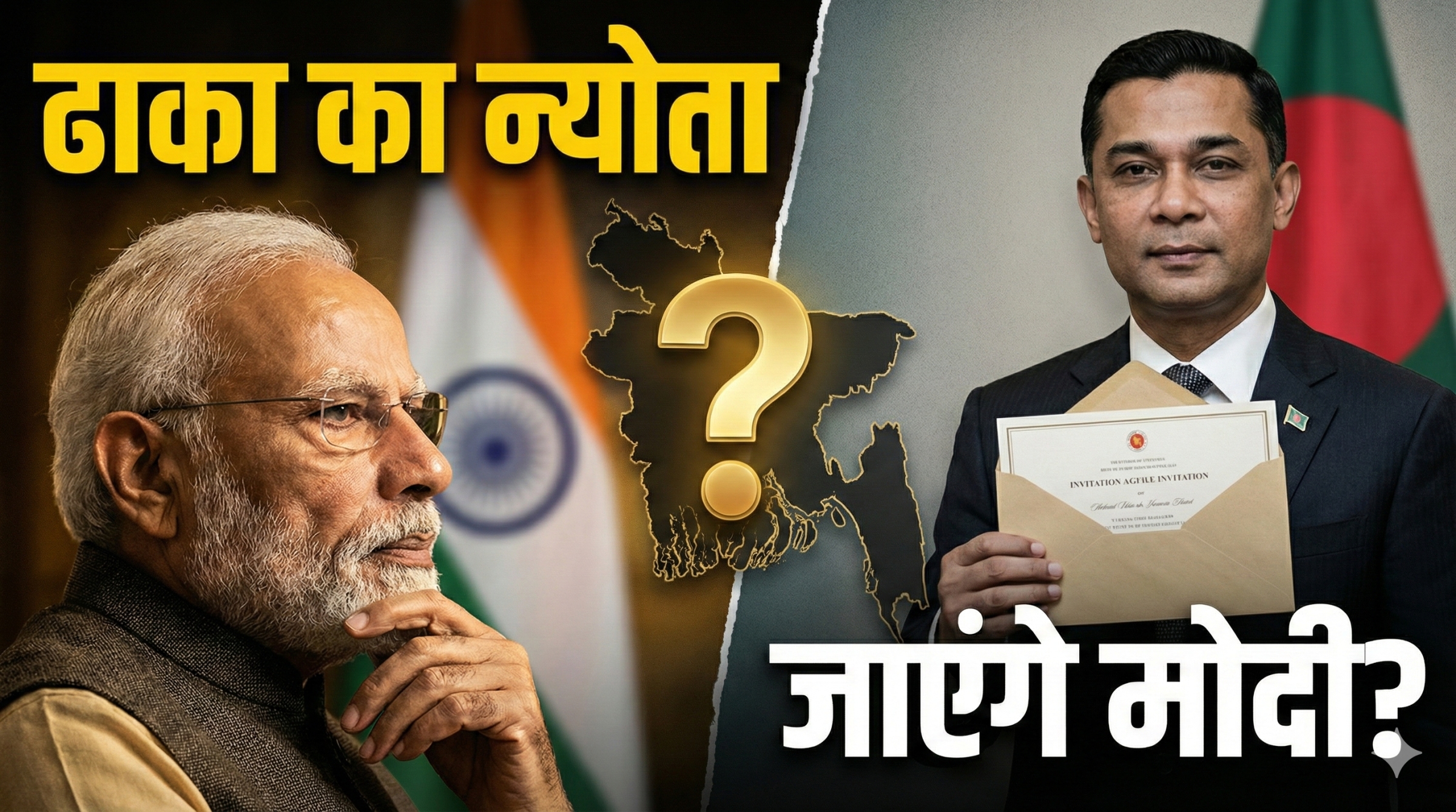 PM Modi and Tarique Rahman split screen with invitation