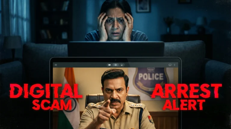 Digital Arrest Scam concept showing fake police on video call and scared victim