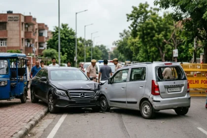 नरेला में भीषण सड़क हादसा: Mercedes की टक्कर से वैगन-आर के परखच्चे उड़े, बुजुर्ग महिला की दर्दनाक मौत