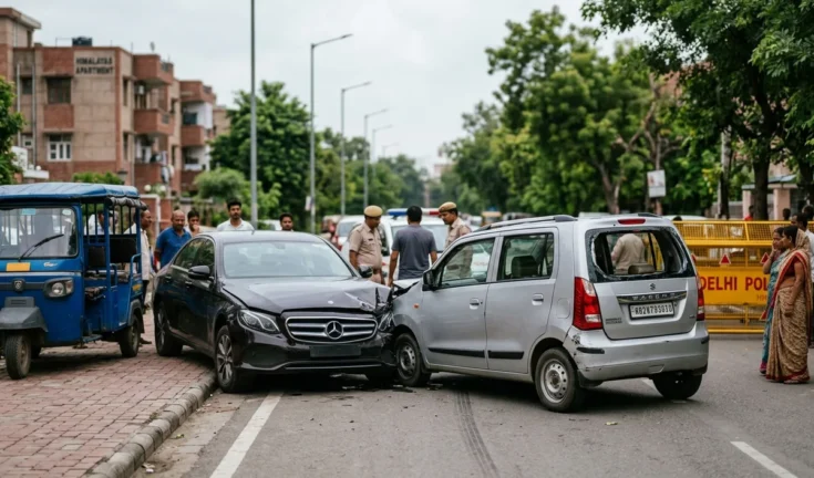 नरेला में भीषण सड़क हादसा: Mercedes की टक्कर से वैगन-आर के परखच्चे उड़े, बुजुर्ग महिला की दर्दनाक मौत